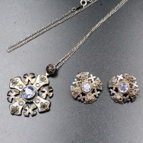 Vintage Jerusalem Lab Alexandrite 800 Silver Maltese Cross Necklace Set - Picture 1 of 9